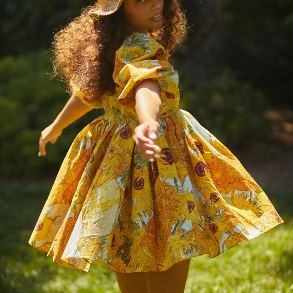 FOUND Selkie Collection Van Gogh Sunflower Painting Mini Puff Dress - Picture 1 of 1